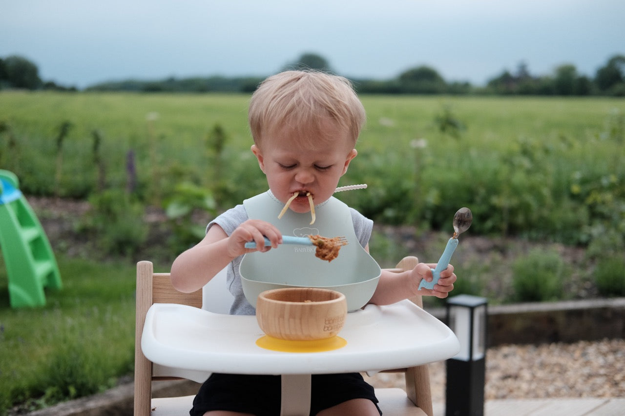 Boy with Laser Marked Silicone Baby Cutlery