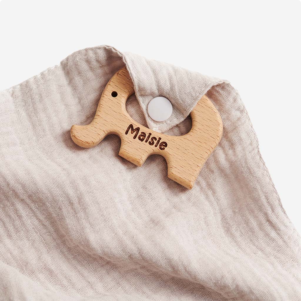 Personalised Baby Muslin with Wooden Elephant Teether