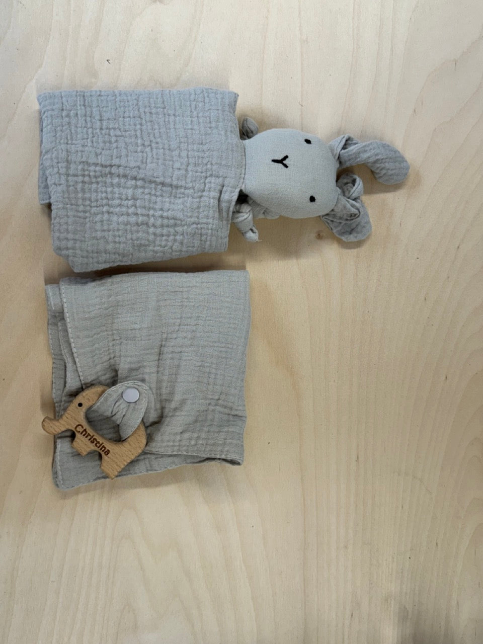 Clearance: Grey Bunny Comforter and Elephant Teether (Christina)