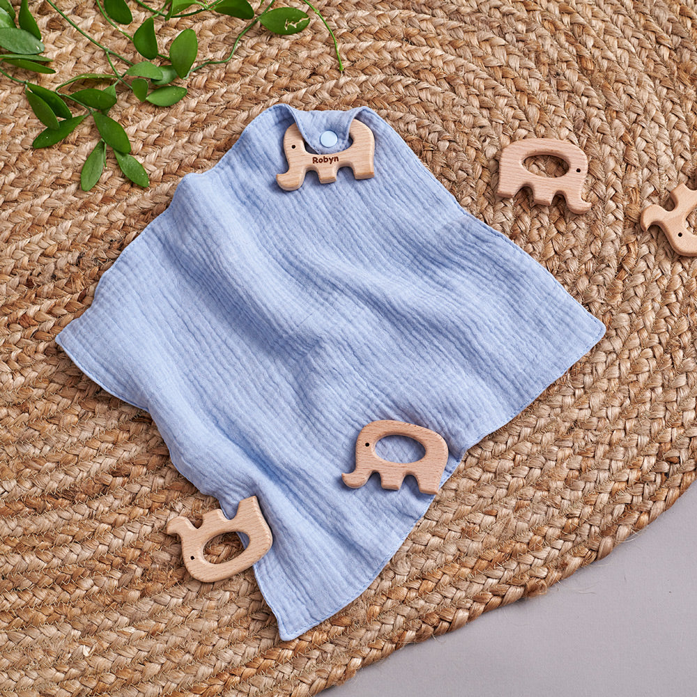 Personalised Baby Muslin with Wooden Elephant Teether