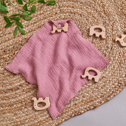 Personalised Baby Muslin with Wooden Elephant Teether