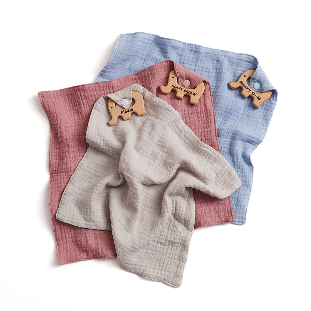 Personalised Baby Muslin with Wooden Elephant Teether
