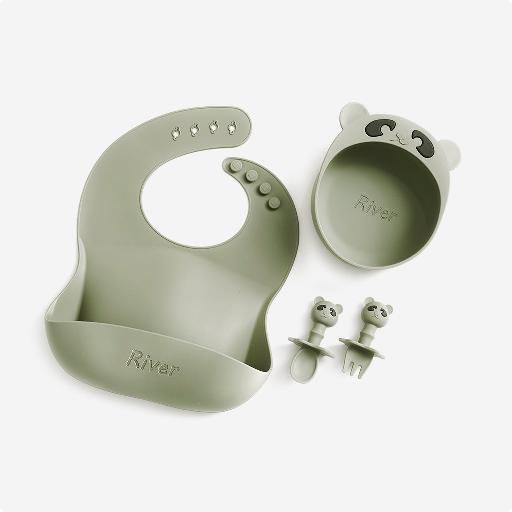 Panda Gift Set (Personalised Panda Suction Bowl, Spoon, Fork and Bib) Forest Green
